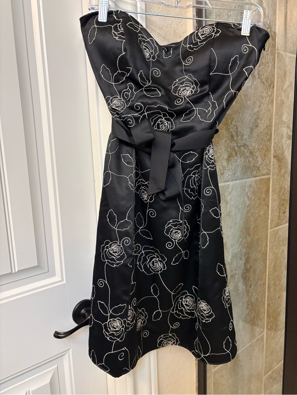 White House Black Market Black Strapless Dress with White Rose Outline